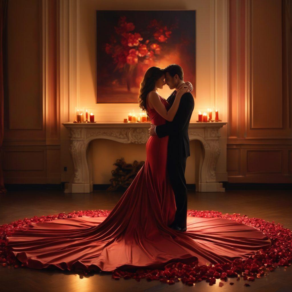 A captivating scene illustrating the connection between sexuality and intimacy, featuring a vibrant couple embracing passionately in a dimly lit room, surrounded by soft candlelight. The background subtly hints at both romantic and hardcore elements, blending elegance and raw energy. Sensual textures like satin sheets and soft petals are included to enhance the mood. Use a warm color palette to evoke feelings of pleasure and intimacy. super-realistic. vibrant colors. warm tones.