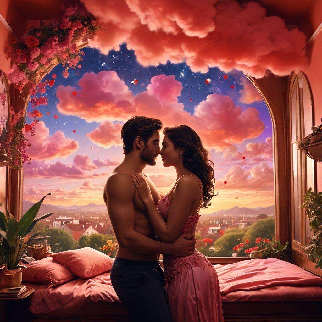 A vibrant, collage-style illustration showing diverse couples engaging in various adult entertainment activities, with backgrounds showcasing a mix of fantasy elements and romantic settings. Include symbols of connection such as intertwined hands and hearts, contrasting with playful elements like masks and lingerie. Use a warm color palette to evoke intimacy and allure. Overall, the image should represent the spectrum of adult relationships from playful to sincere. super-realistic. vibrant colors. 3D.
