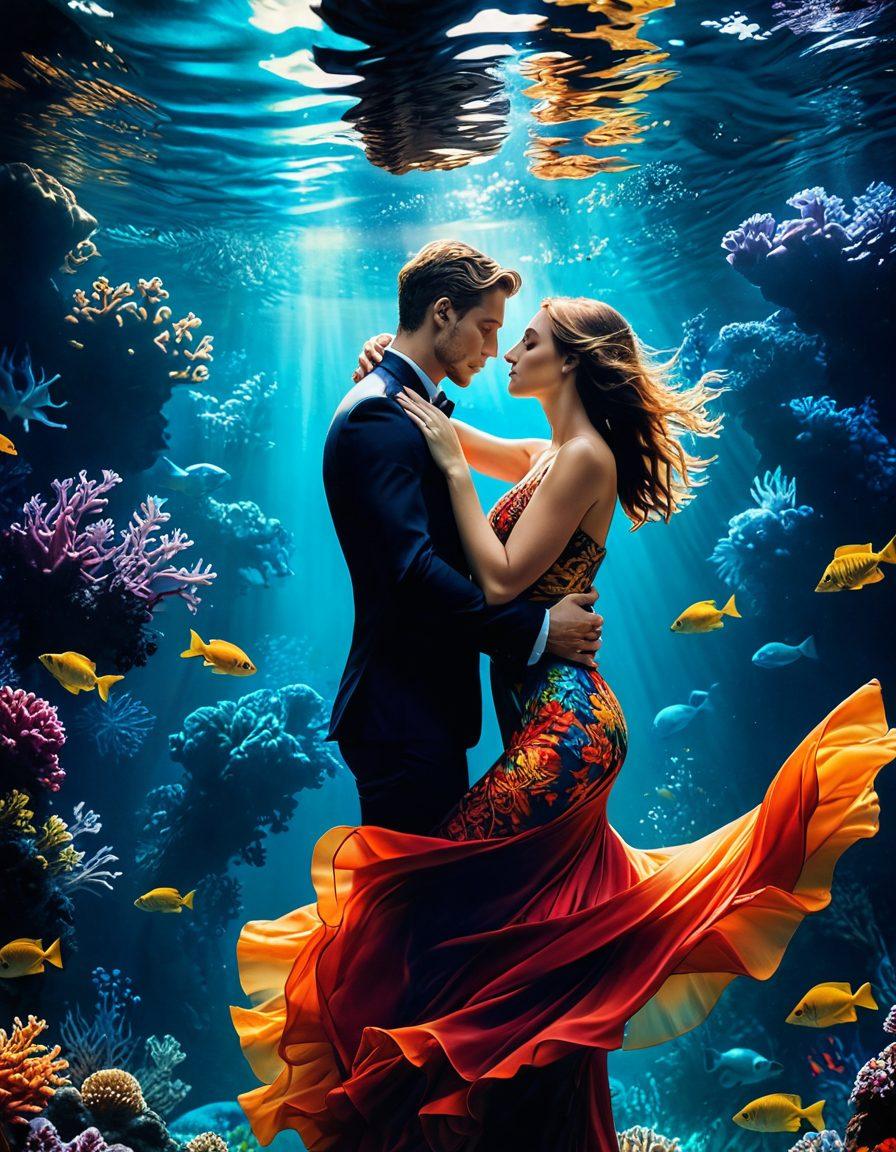 A captivating underwater scene depicting a couple in a sensual embrace surrounded by vibrant marine life, with soft, flowing currents symbolizing intimacy. The play of light creates a magical atmosphere, enhancing their connection. Rich colors and intricate details emphasize the beauty of the deep, evoking feelings of passion and exploration. underwater photography. vibrant colors. soft focus.